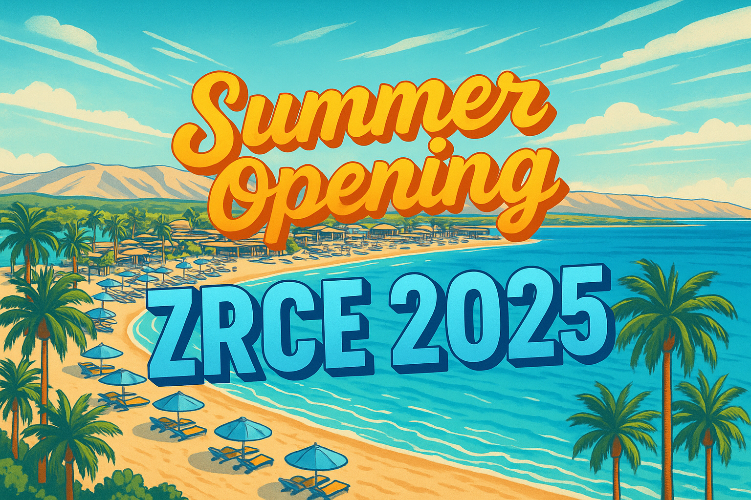 Summer Opening Zrce 2025,Hintergund Zrce Beach Cartoon,Palmen,Meer,Strandliegen,blauer Himmel,orange Schrift