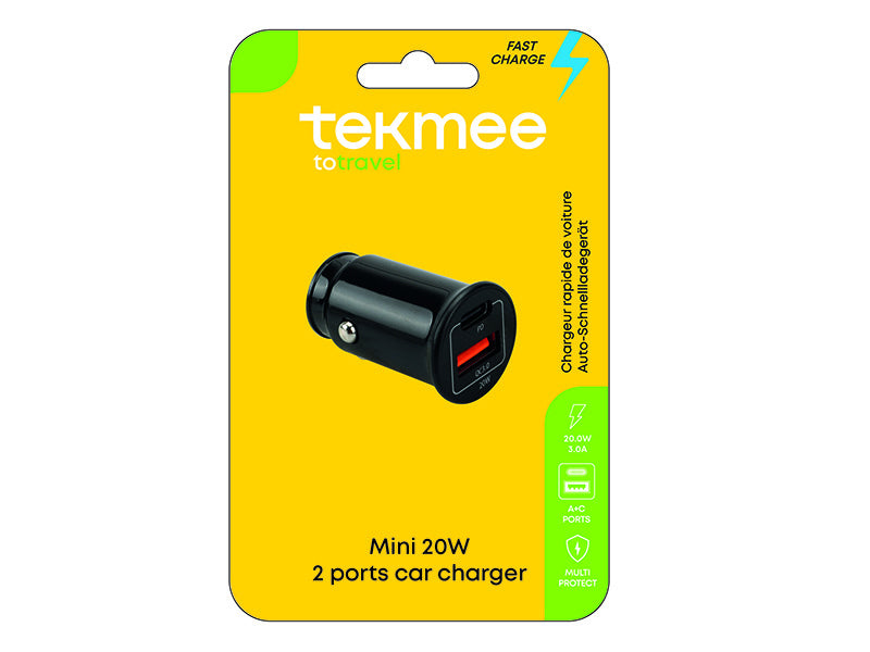 Car adapter USB A+C, black, 20W