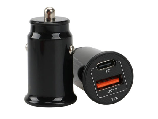 Car adapter USB A+C, black, 20W